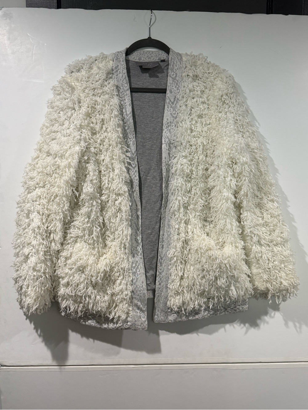 Anthropologie Ivory Shaggy Faux Fur Open Cardigan